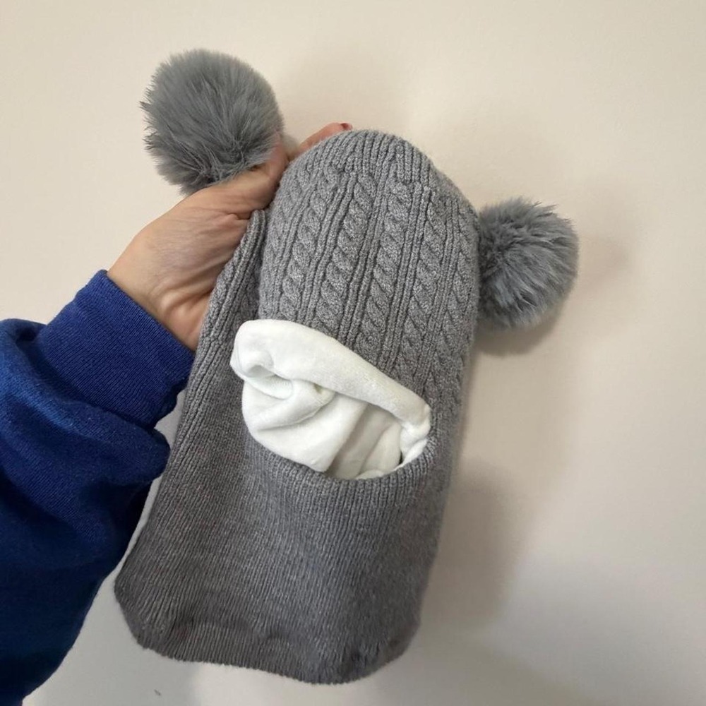 Gray Cable Knit Balaclava Pom Pom Winter Hood Fleece Lined Kids Hat